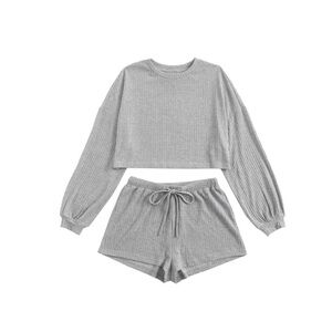 Iris| Women’s Soft Beige Ribbed Knit Long Sleeve Lounge Set 2 Piece-Size S